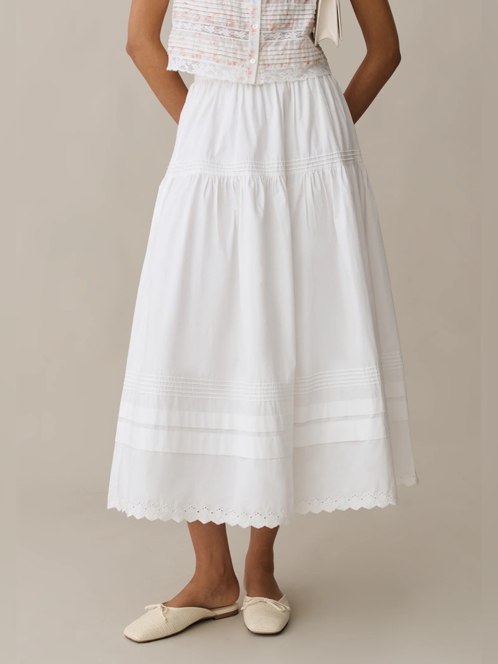 o.p.t Beth Cotton Skirt White Size 2 Tiered Eyelet Maxi Midi Cottagecore XS-S